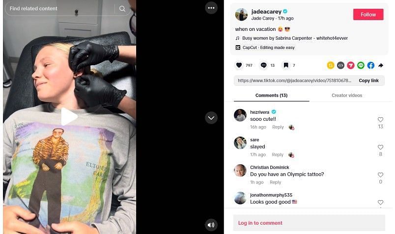 Screenshot of Jade Carey's TikTok post featuring Hezly Rivera's comments | Source: IG/@jadeacarey